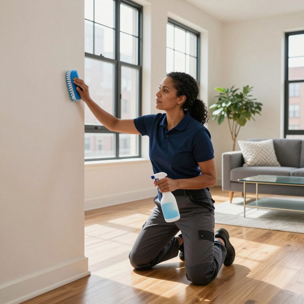 Woman kneeling, scrubbing wall with brush, holding spray bottle; interior.
