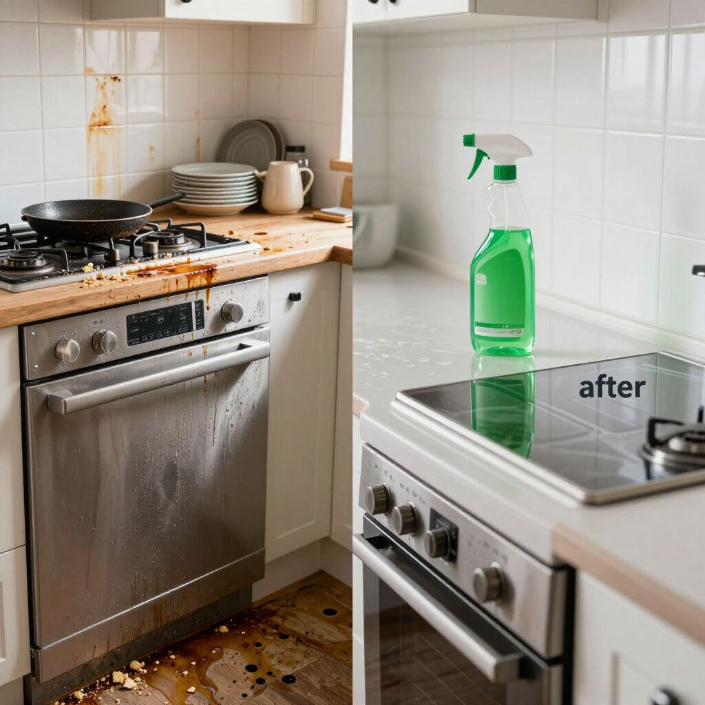 Before and after kitchen cleaning. Dirty stove and backsplash contrasted with a clean stovetop and spray bottle.