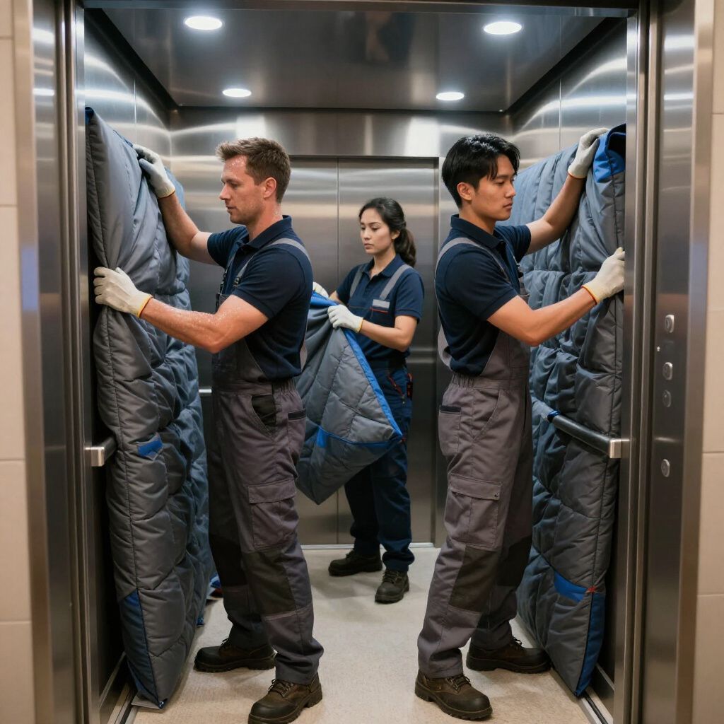 Three people in work uniforms installing padded elevator wall coverings.