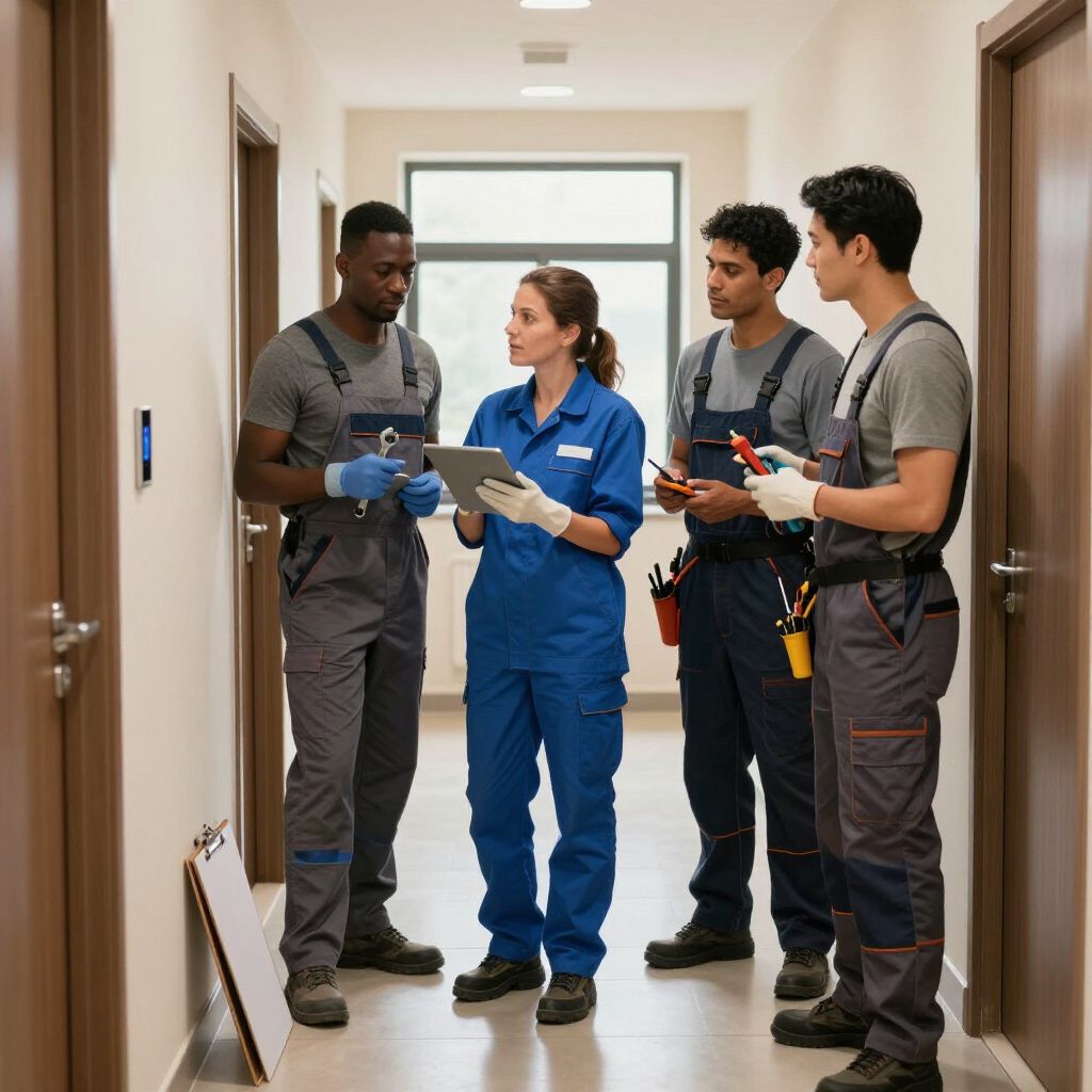 Team of workers in hallway discussing tablet, wearing overalls and gloves.