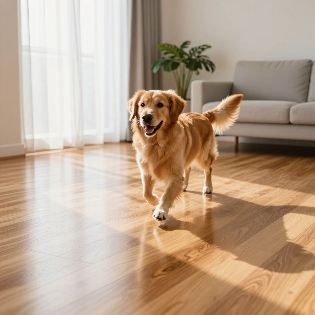 Golden retriever dog walking towards the camera in a sunlit living room with hardwood floors.