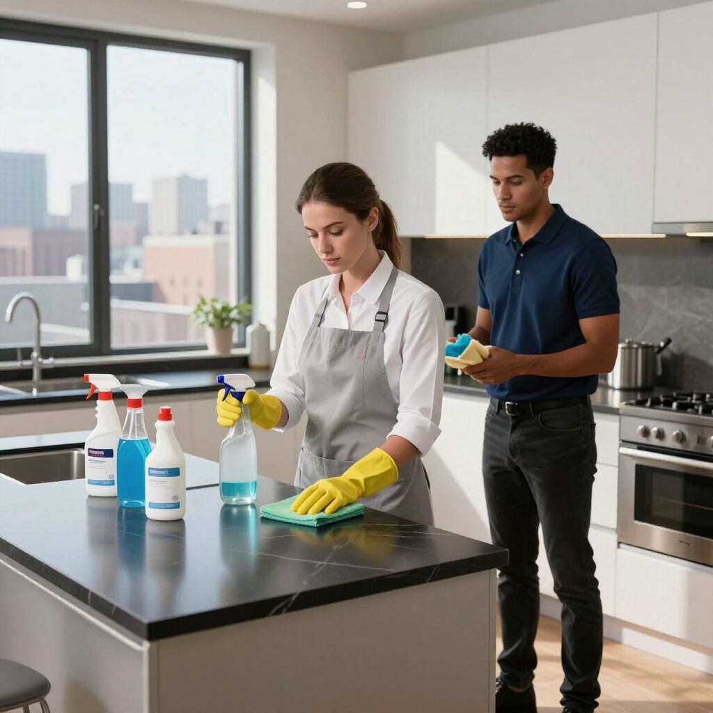 Two people cleaning a modern kitchen. One sprays and wipes a countertop, the other holds a cloth.