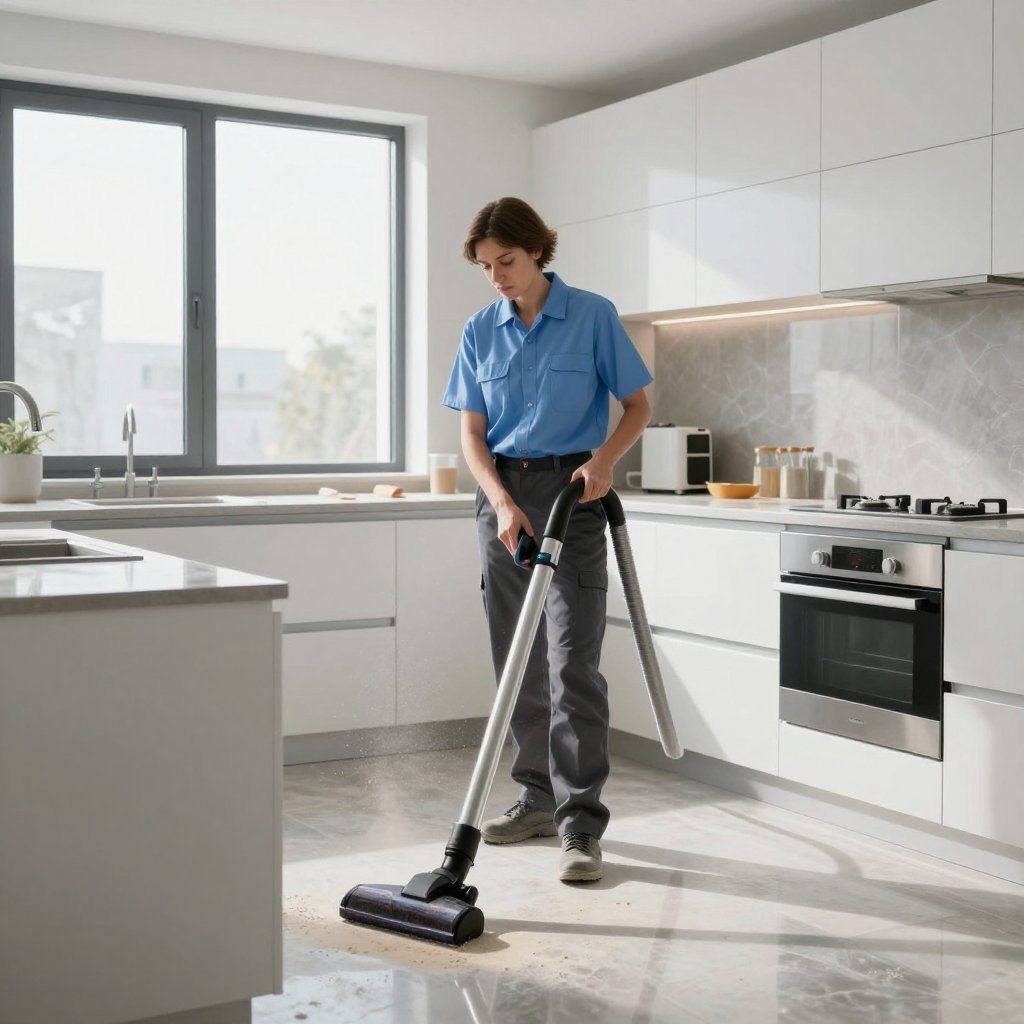 Person vacuums a kitchen floor. They are wearing gray pants and a blue shirt.