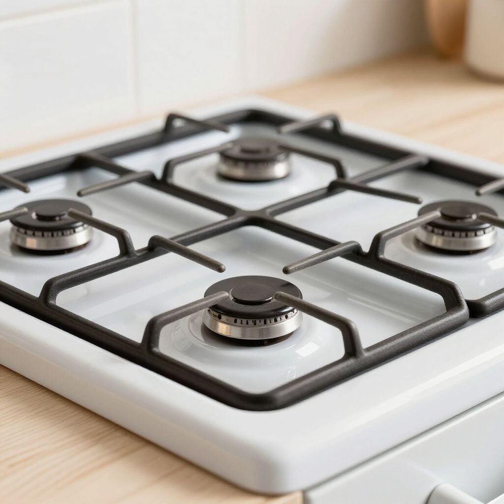 White gas stove with four burners and black grates.