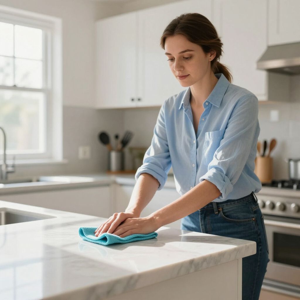 Woman cleaning a white kitchen countertop with a blue cloth.