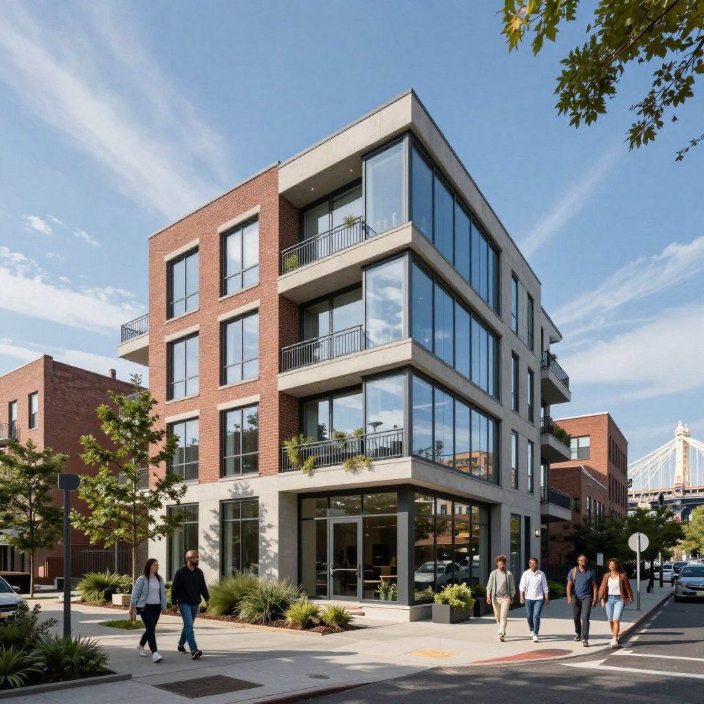 Modern brick and concrete building with large windows; people walk on the sidewalk in front.