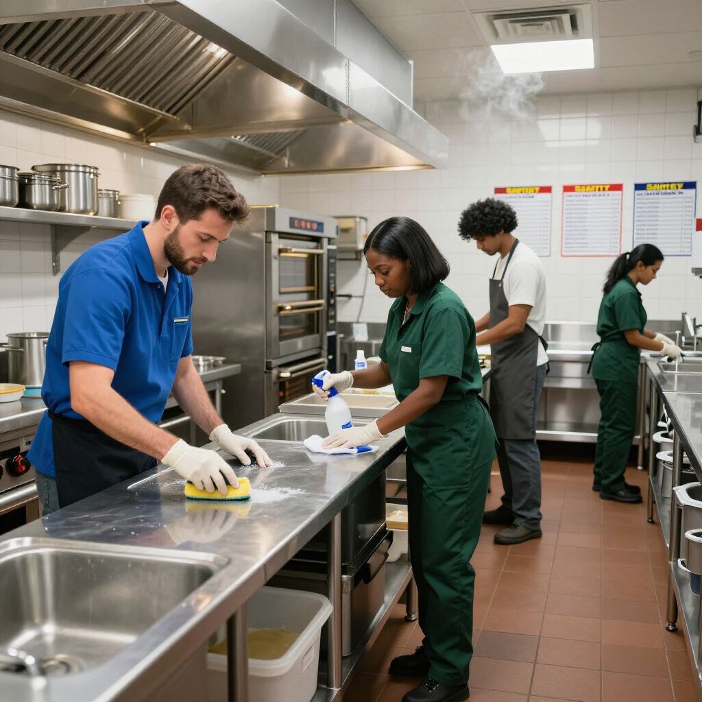 Four people cleaning a commercial kitchen. Two scrub countertops, while others wash dishes.