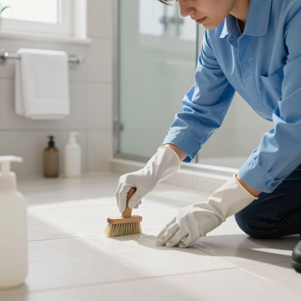 Person wearing gloves cleans bathroom floor with brush.