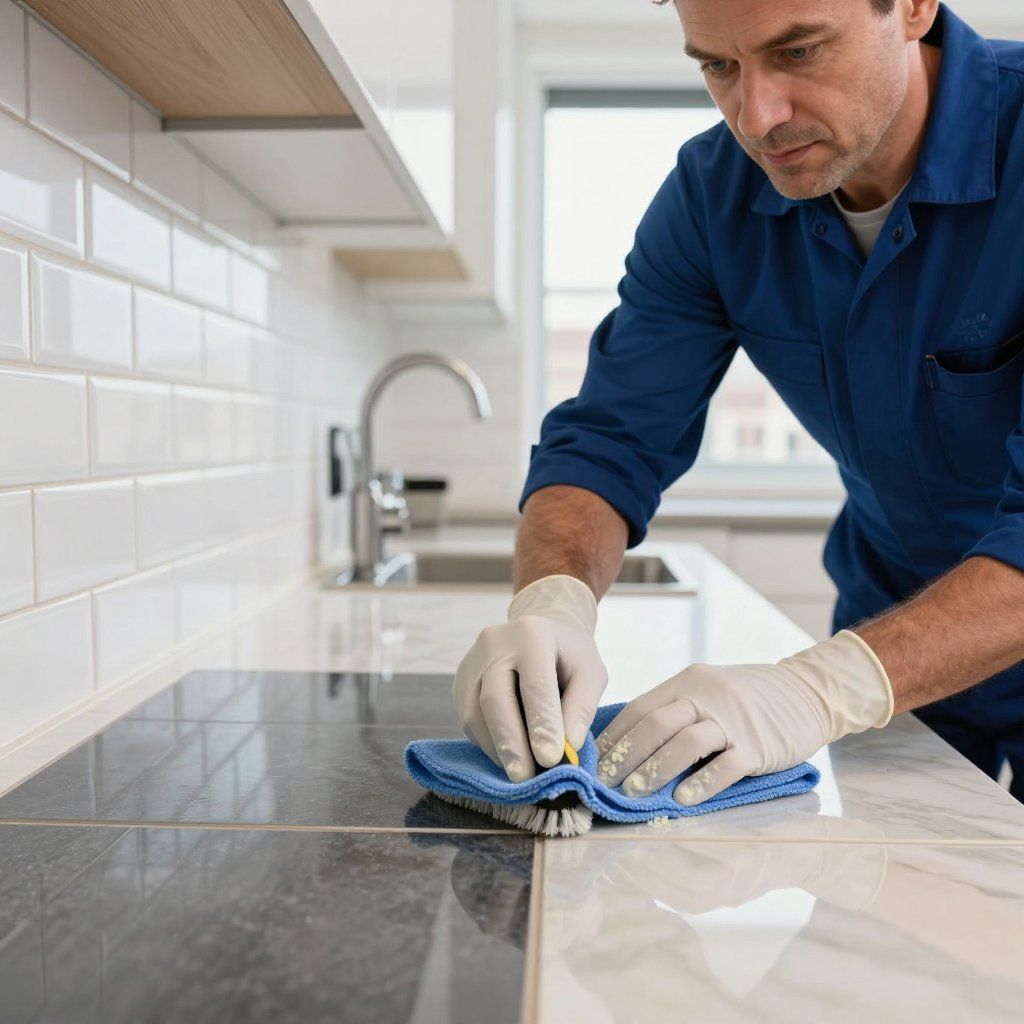 Person wearing gloves cleaning kitchen counter with a cloth.