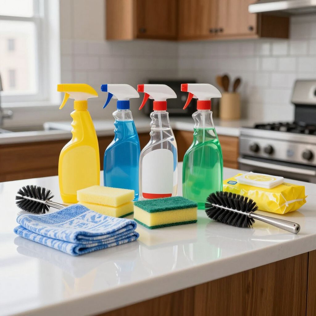 Cleaning supplies on a kitchen counter: spray bottles, sponges, scrub brushes, and wipes.