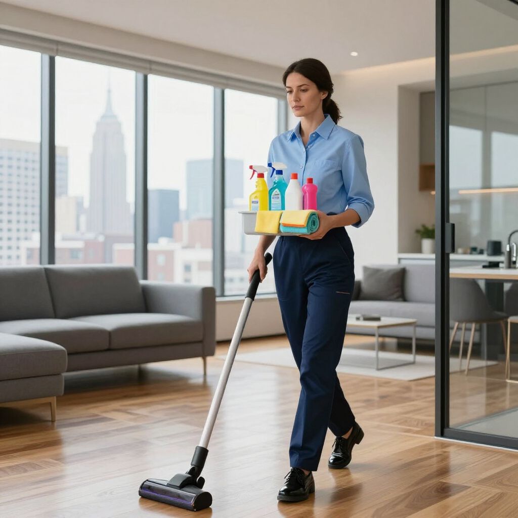 Woman in blue uniform vacuums a hardwood floor, holding cleaning supplies in a modern apartment with city views.