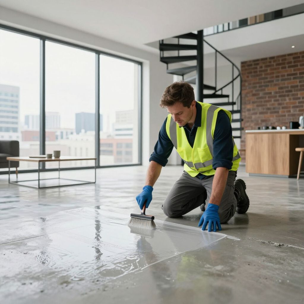 Man kneeling, applying sealant to concrete floor with a roller in modern building with city views.