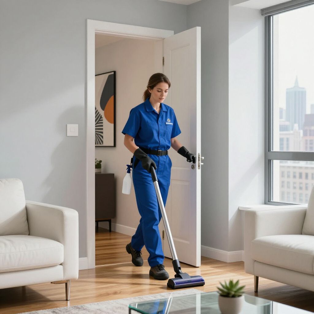 Person in blue uniform vacuums a hardwood floor in a modern living room.