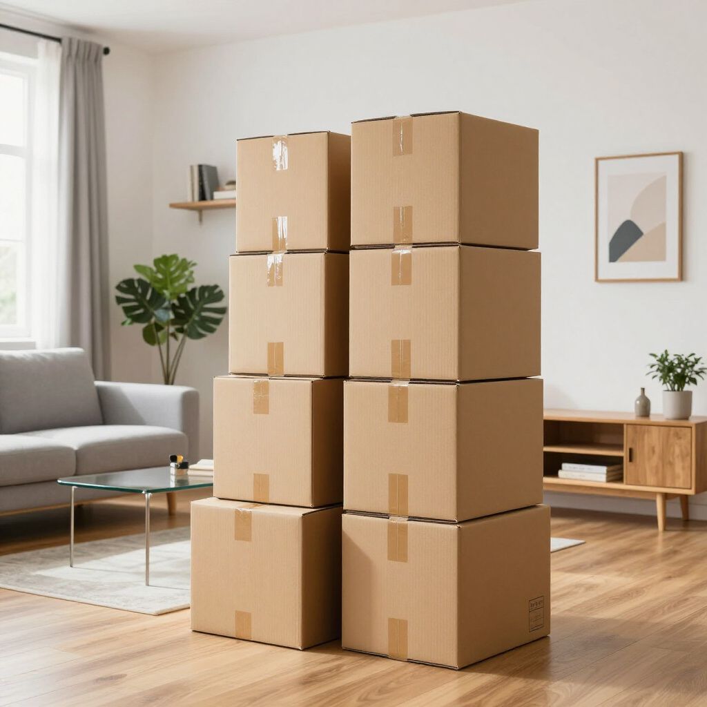 Stack of moving boxes in a living room, near a couch, coffee table, and entertainment unit.