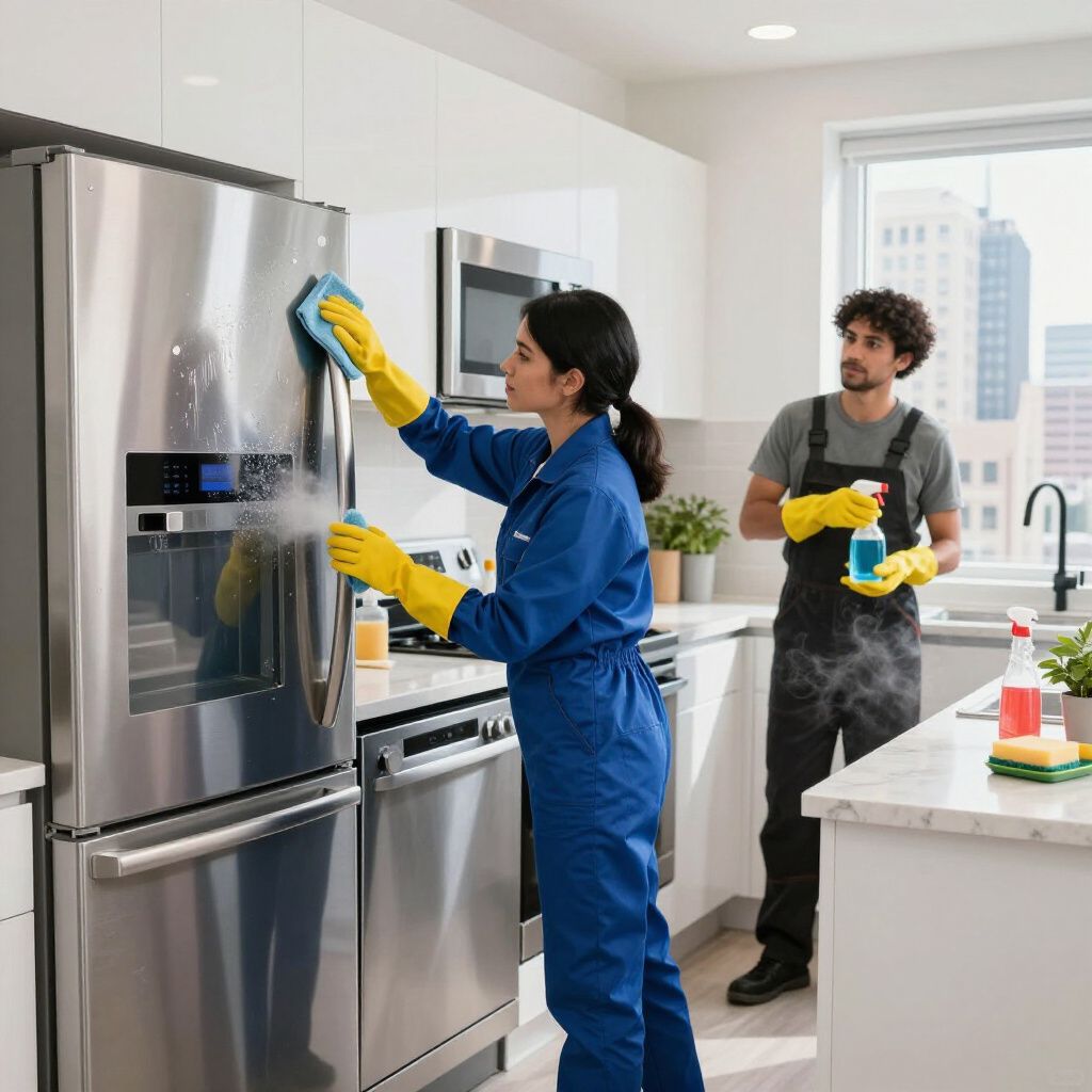 Two people cleaning a modern kitchen. One wipes a stainless steel refrigerator, the other holds spray.