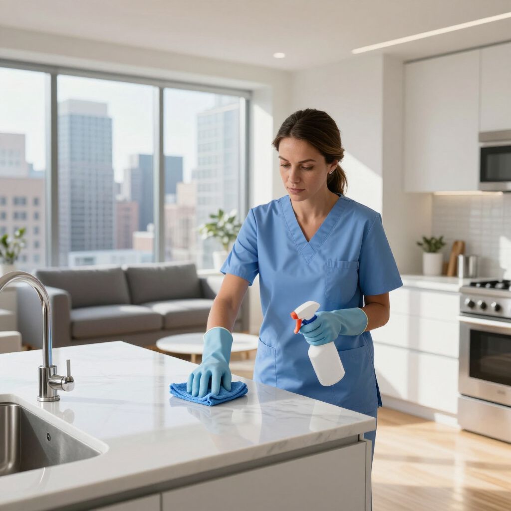 Woman in blue scrubs cleaning a kitchen counter with a spray bottle and cloth, near a sink and window.
