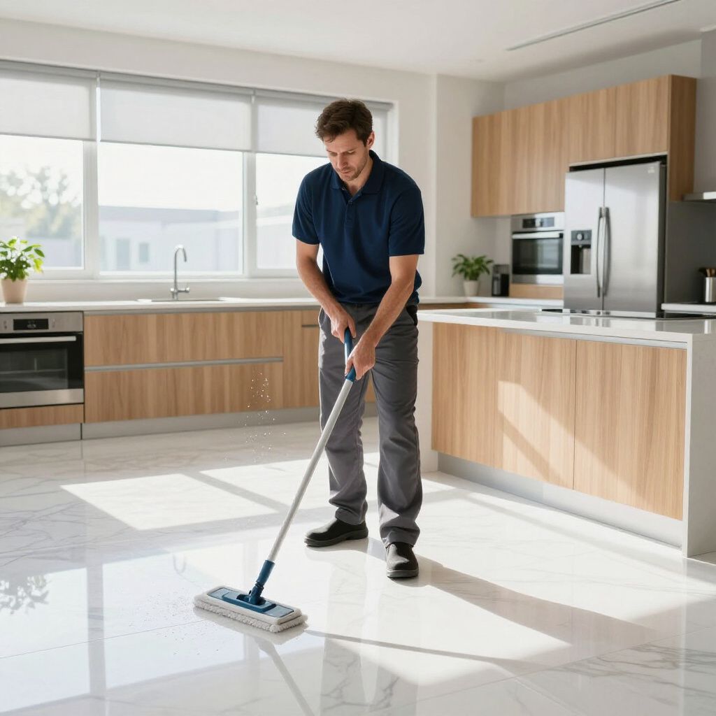 Man mopping a bright white kitchen floor with a blue and white mop.