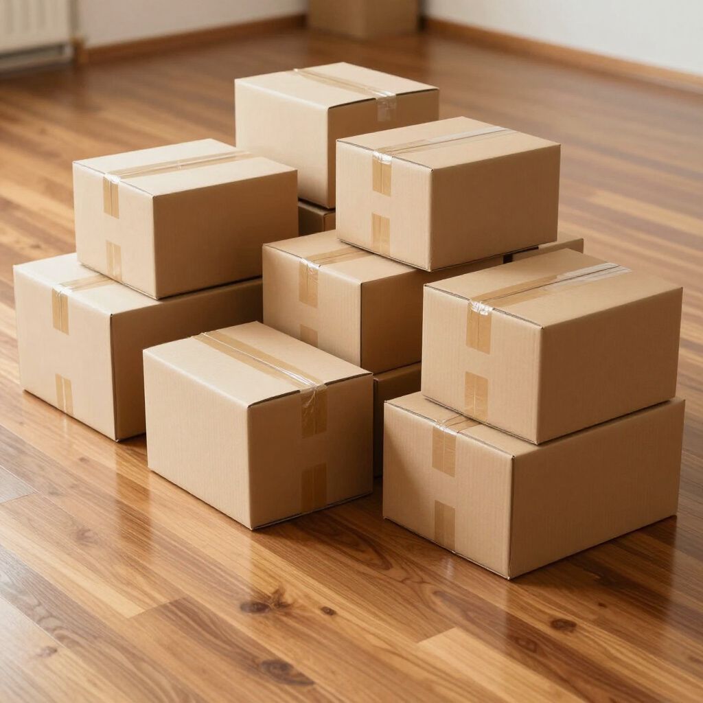 Brown cardboard boxes stacked on a hardwood floor, ready for moving.