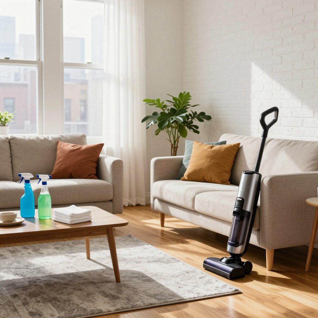Living room with a cordless vacuum cleaner, two couches, and cleaning supplies on a table.