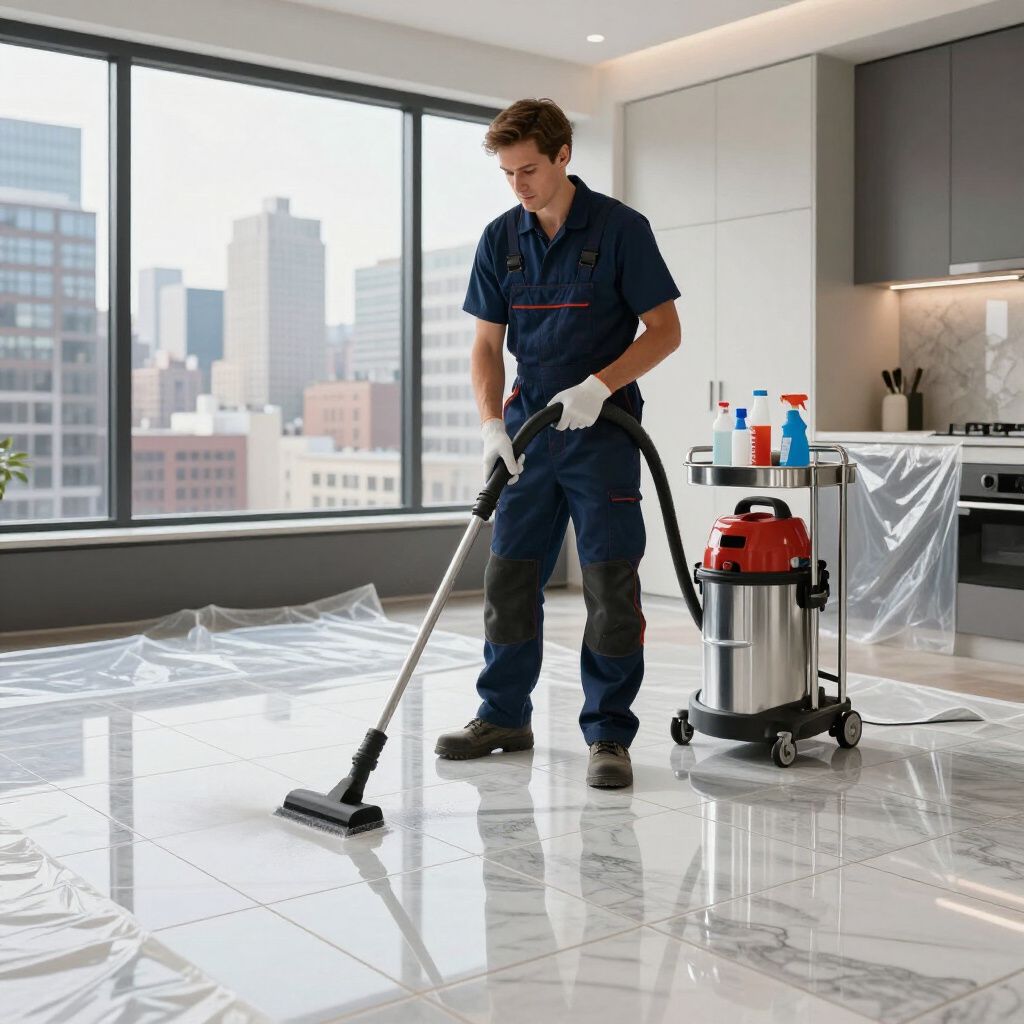 Man in blue work suit vacuums a floor, with cityscape in the background. A cleaning cart stands beside him.