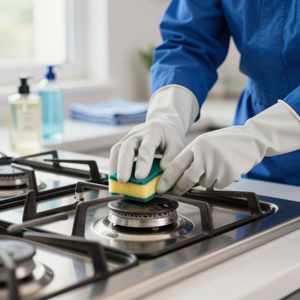 Hands in white gloves cleaning a gas stove with a sponge in a kitchen.