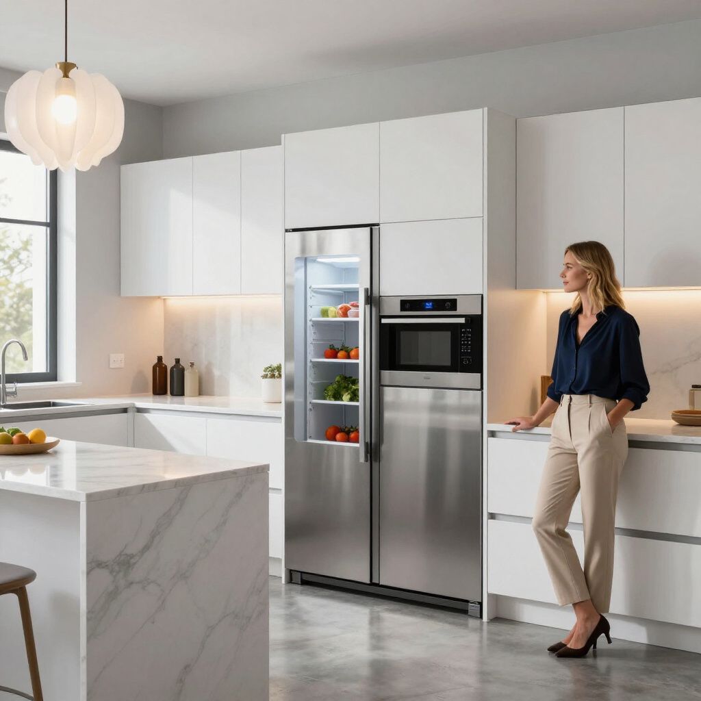 Woman in kitchen, next to a stainless steel refrigerator with open door, containing produce. White cabinets and island.