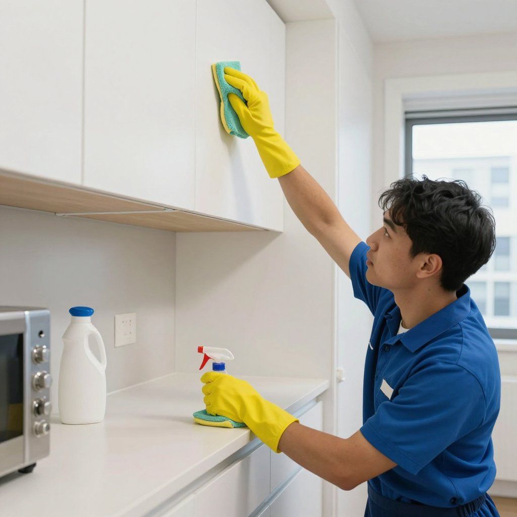 Man in blue shirt, yellow gloves cleans white kitchen cabinets with sponge.