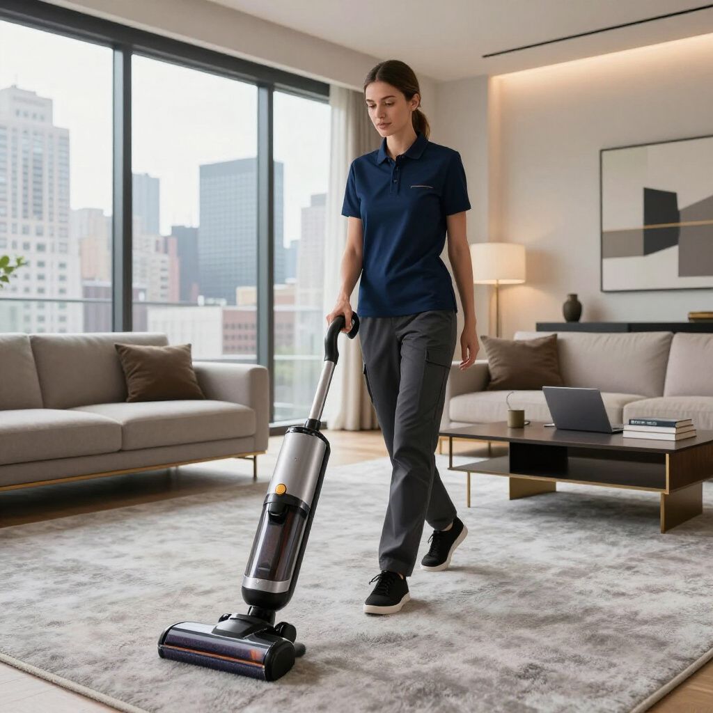 Woman vacuums a carpet in a modern living room with city view, beige sofas, and a coffee table.