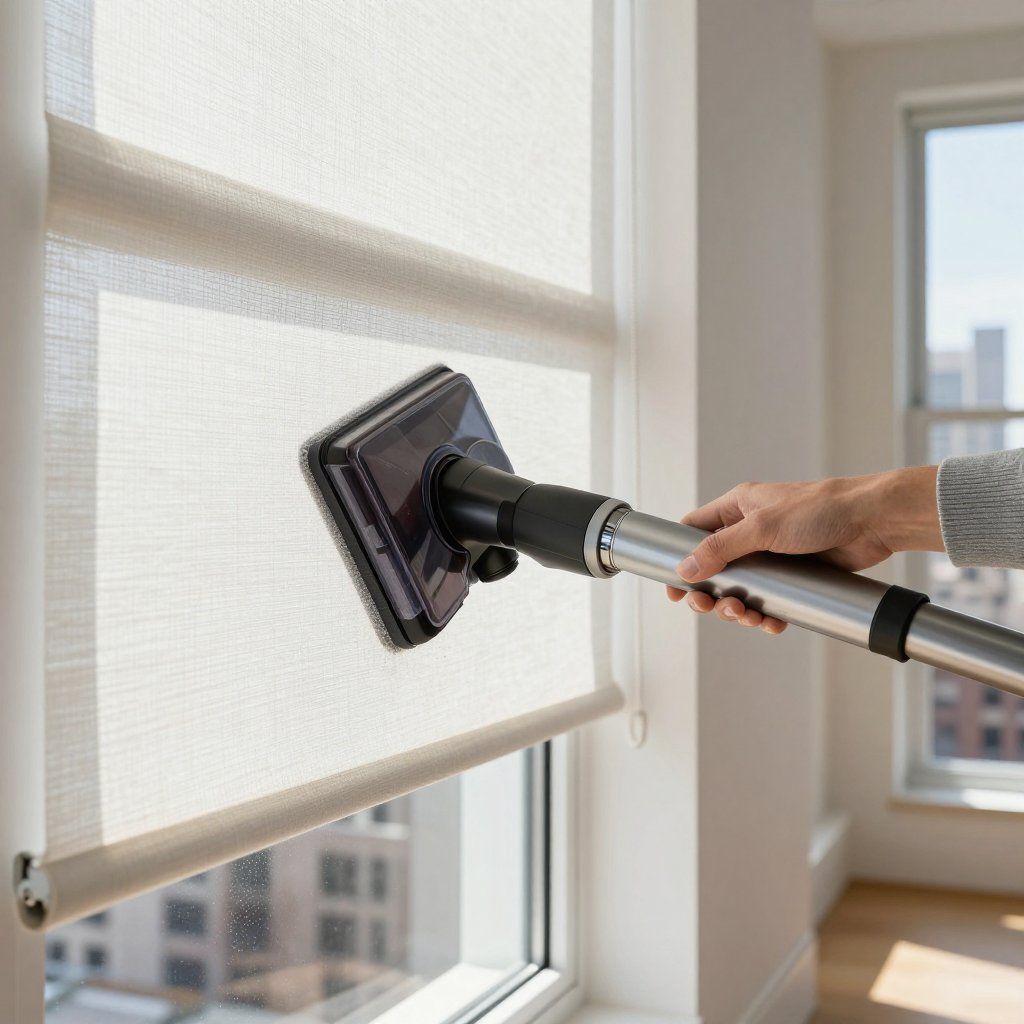 Person vacuuming a light-colored roller shade in front of a window.
