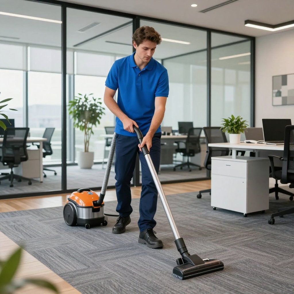 Man vacuuming a gray carpet in an office with glass walls, wearing a blue shirt and dark pants.