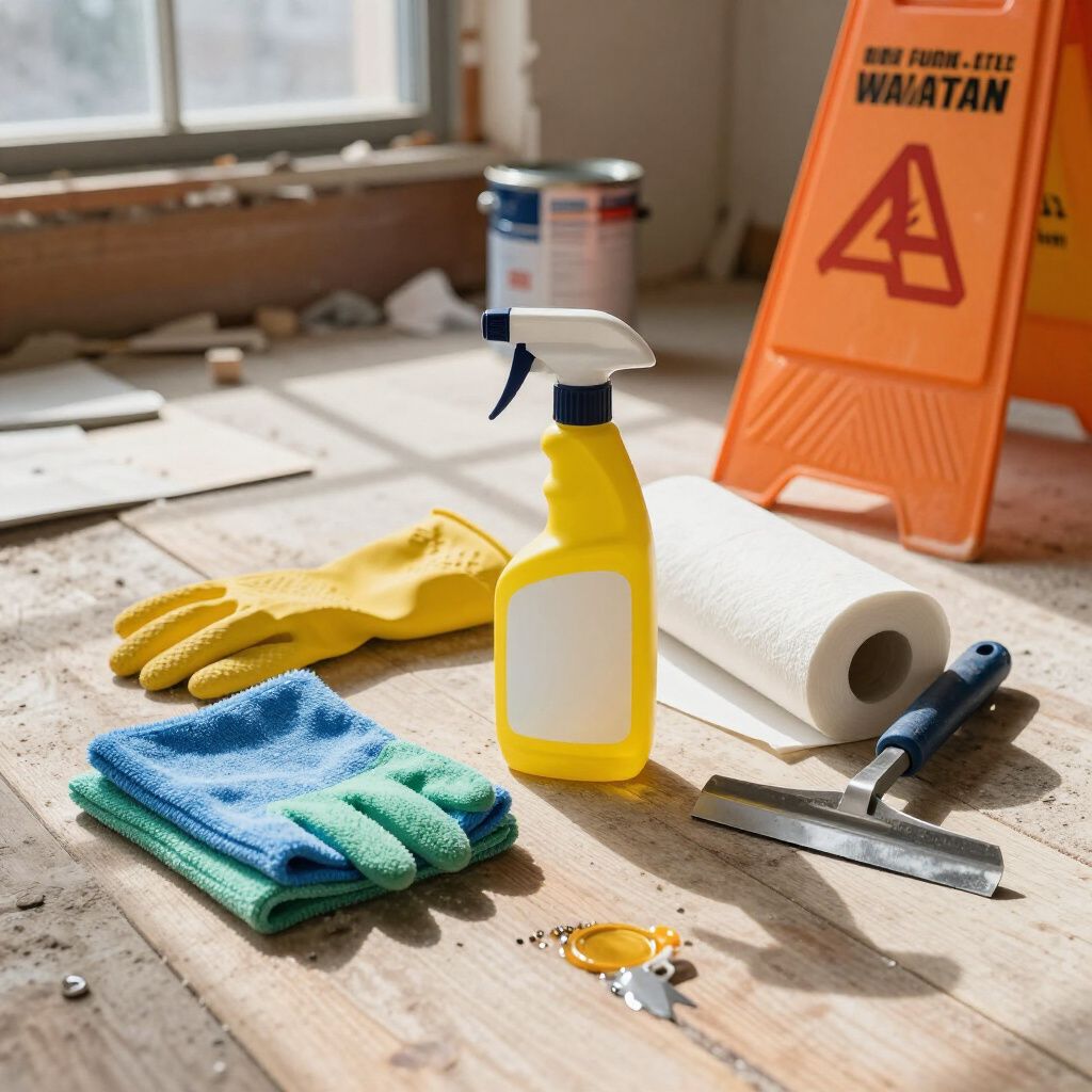 Cleaning supplies on a dusty wood floor: spray bottle, gloves, paper towels, and a wet floor sign.