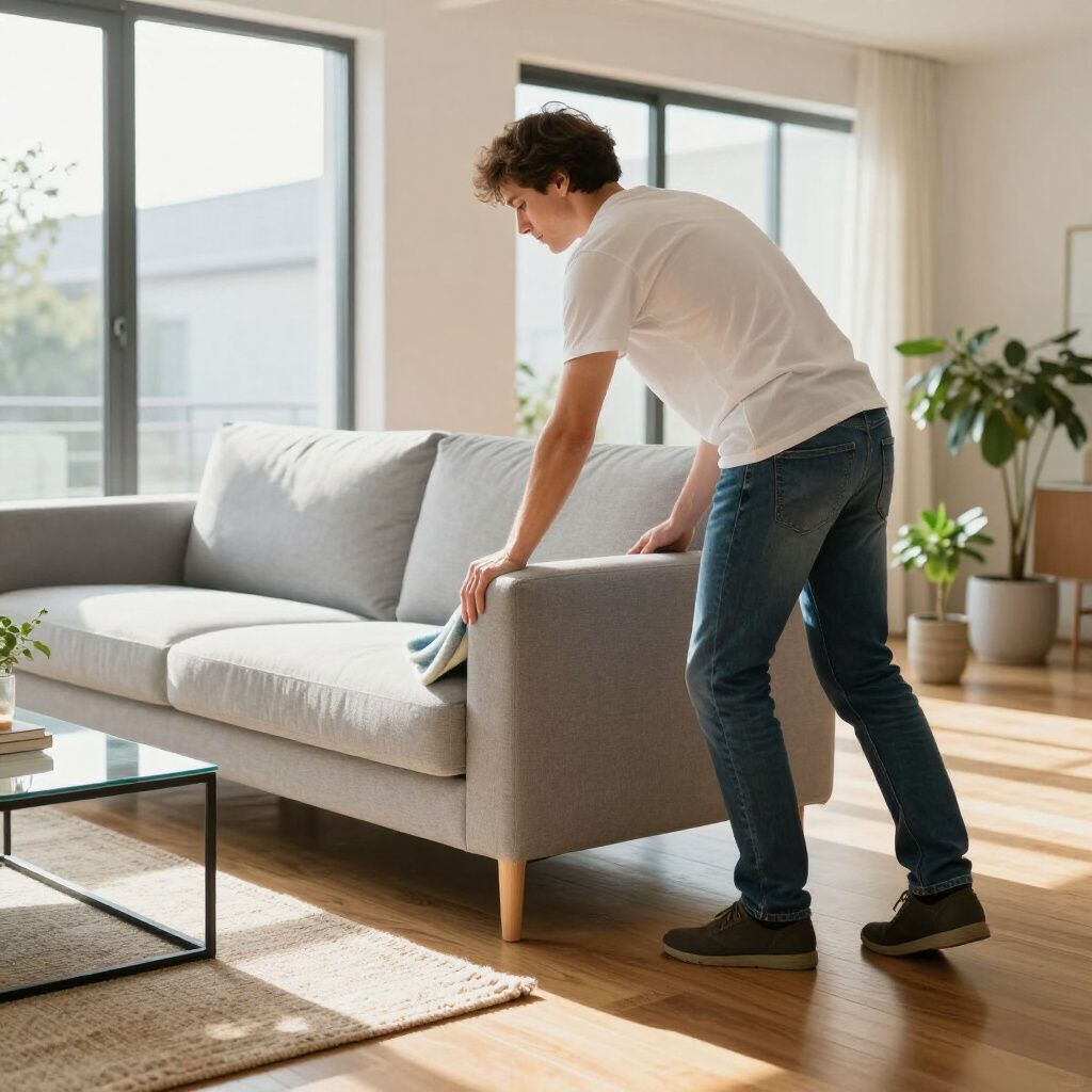 Man lifting a gray couch in a bright living room with large windows.