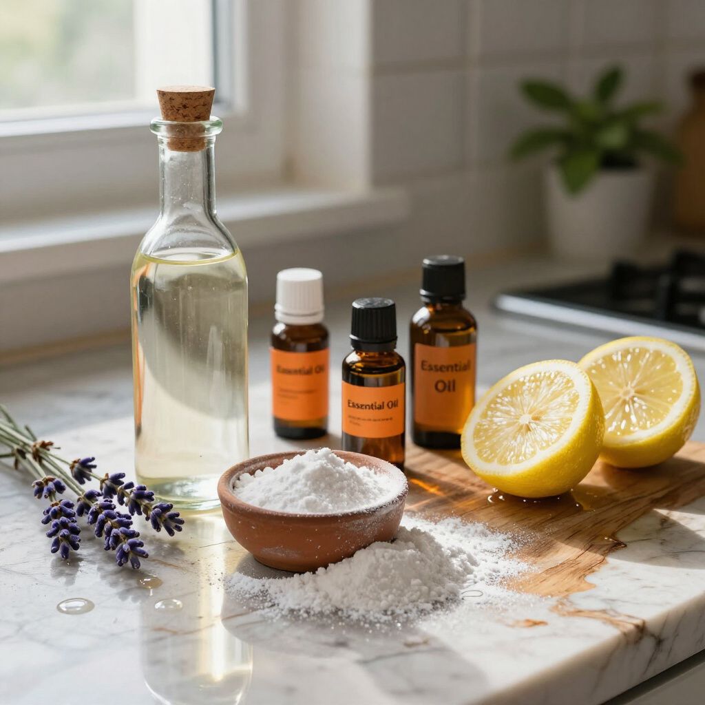 Essential oils, lemon, baking soda, and lavender on a countertop for cleaning.