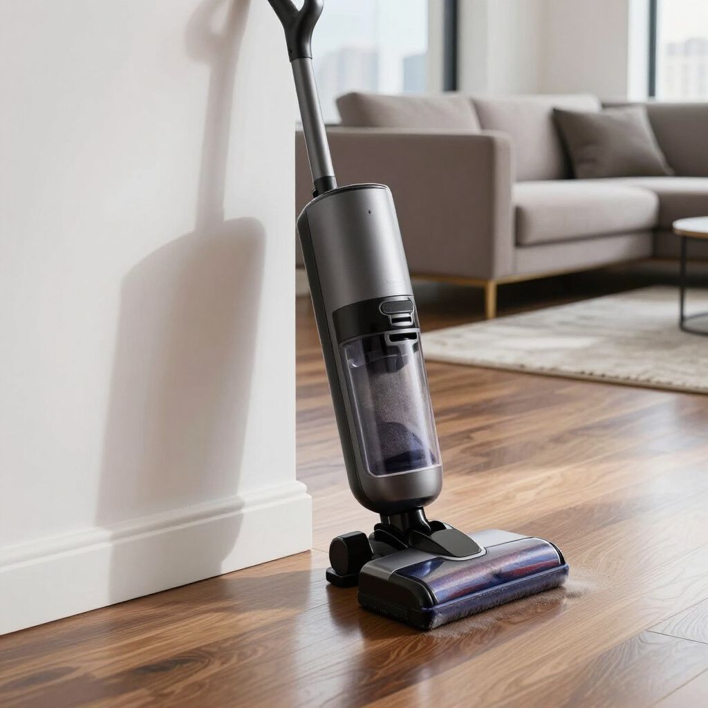 Cordless vacuum cleaner leaning against a white wall on a wooden floor in a living room.