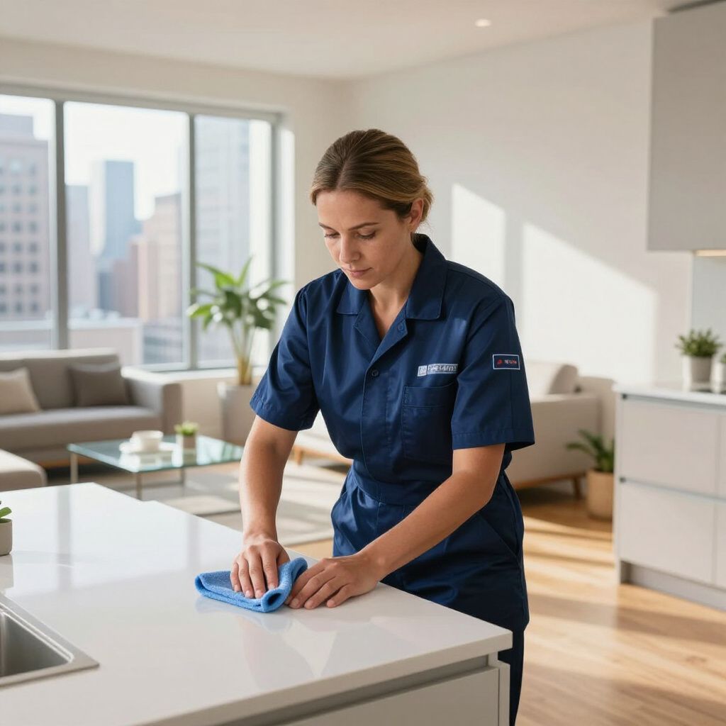 Woman in blue cleaning uniform wipes a white kitchen counter in a modern apartment.