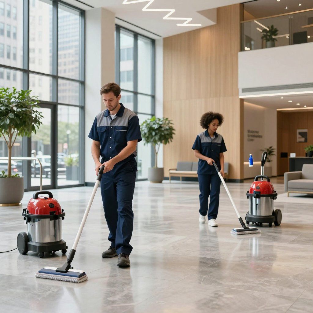 Two people in navy uniforms cleaning a lobby floor with vacuum cleaners, modern building interior.