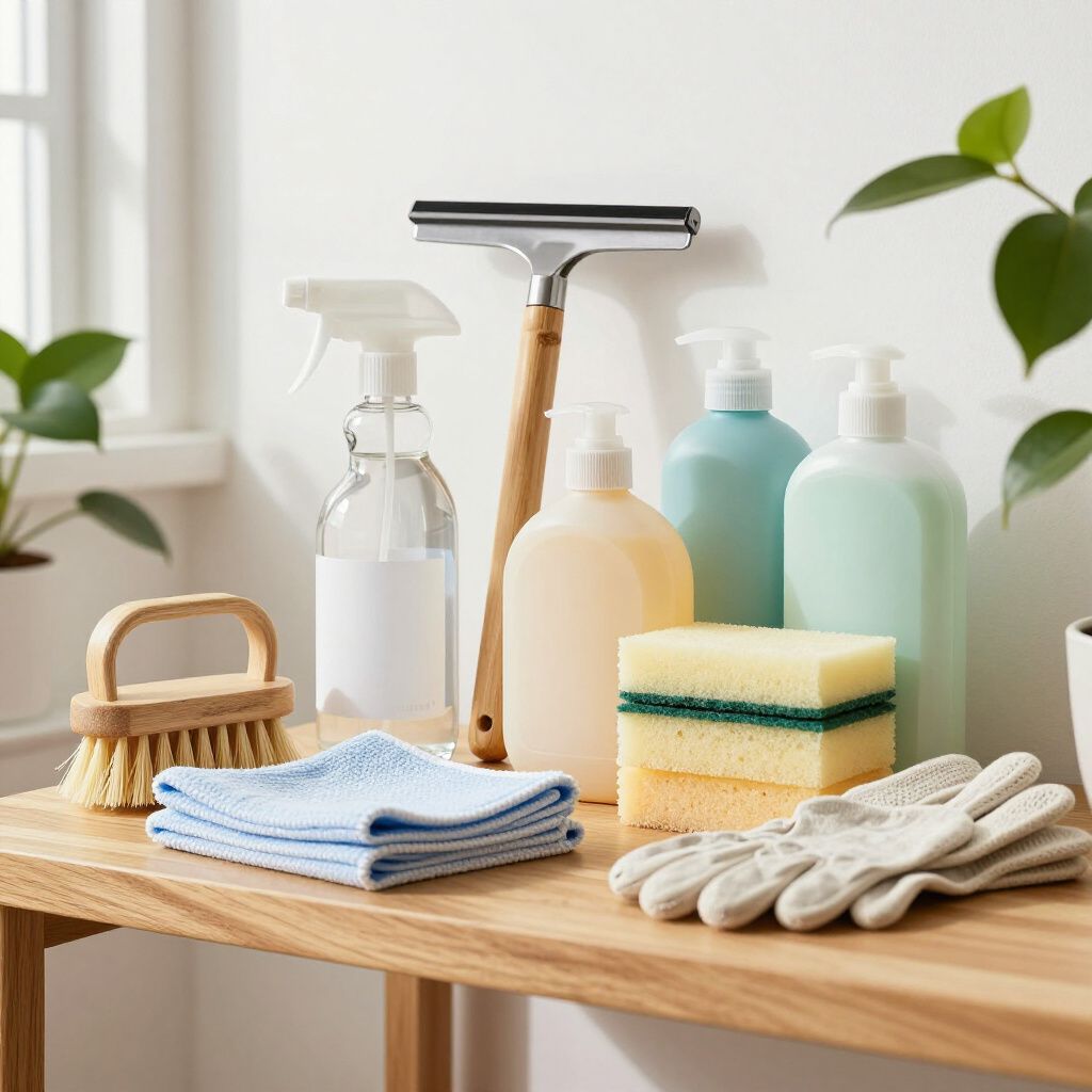 Cleaning supplies on a wooden table: spray bottle, squeegee, brushes, sponges, cloths, soap dispensers, gloves.
