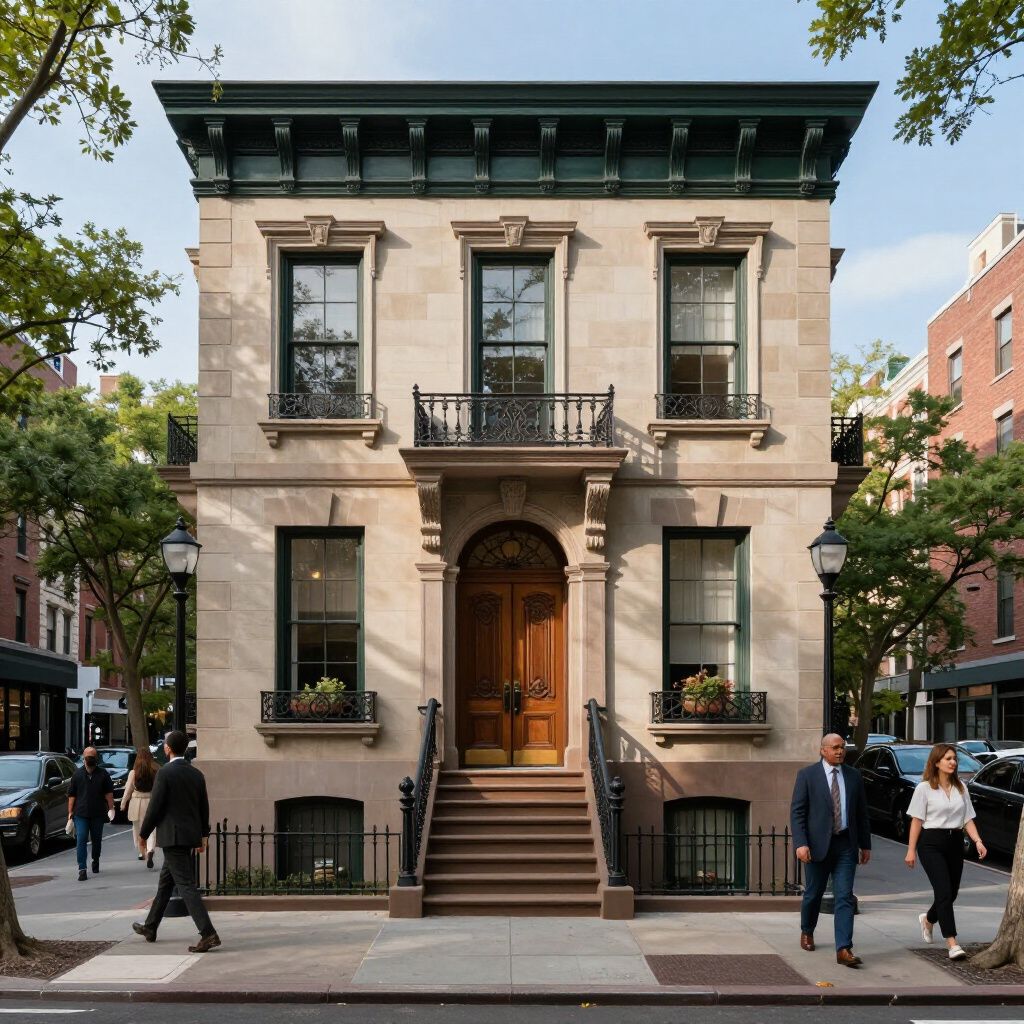 Stone townhouse with three stories, ornate details, and pedestrians on the sidewalk.