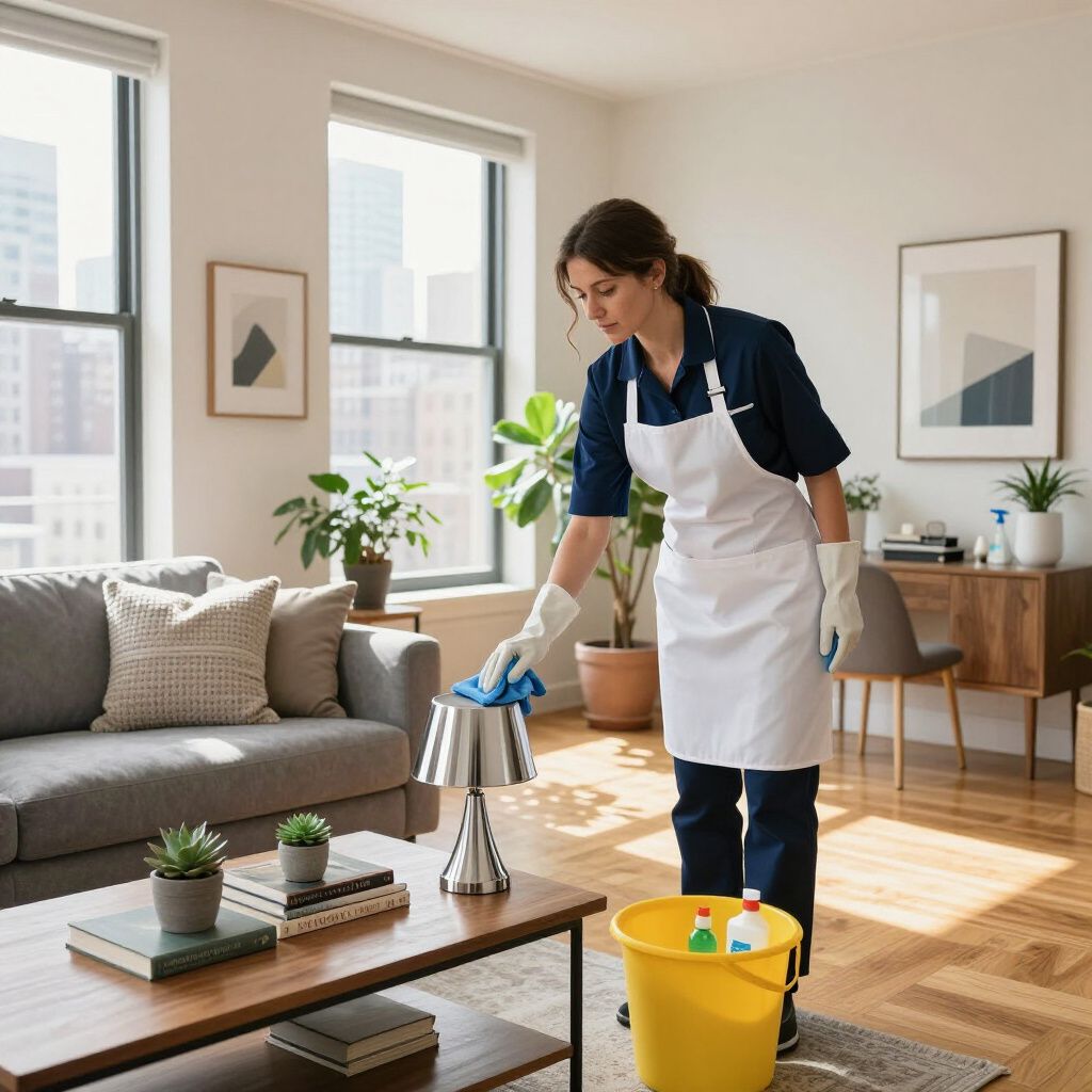 Woman cleaning lamp in living room, wearing gloves and apron. Yellow bucket with cleaning supplies nearby.
