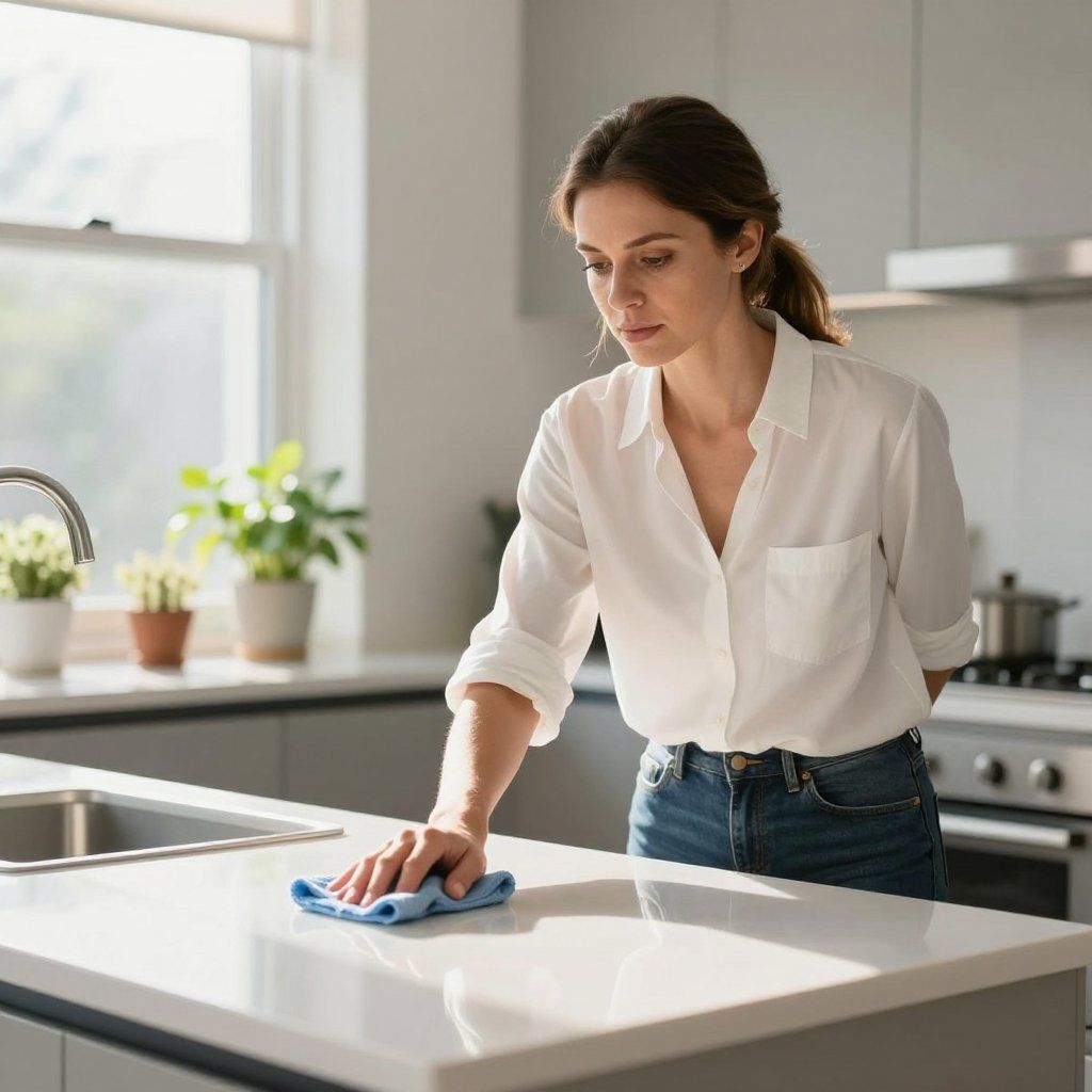 Woman cleaning a kitchen countertop with a blue cloth, standing near a sink and stove.