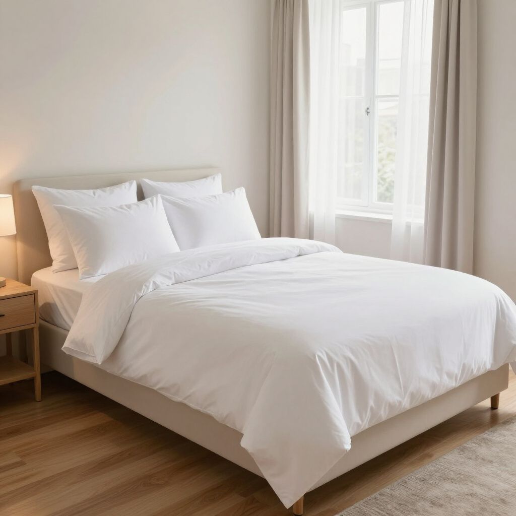 White bedding on a bed in a bright bedroom, next to a window with neutral curtains.