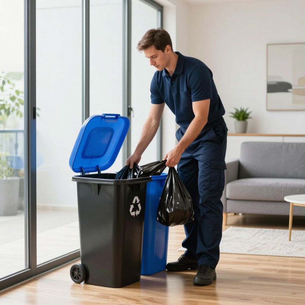 Man in blue uniform putting trash bag in a black bin with a blue lid, indoors.