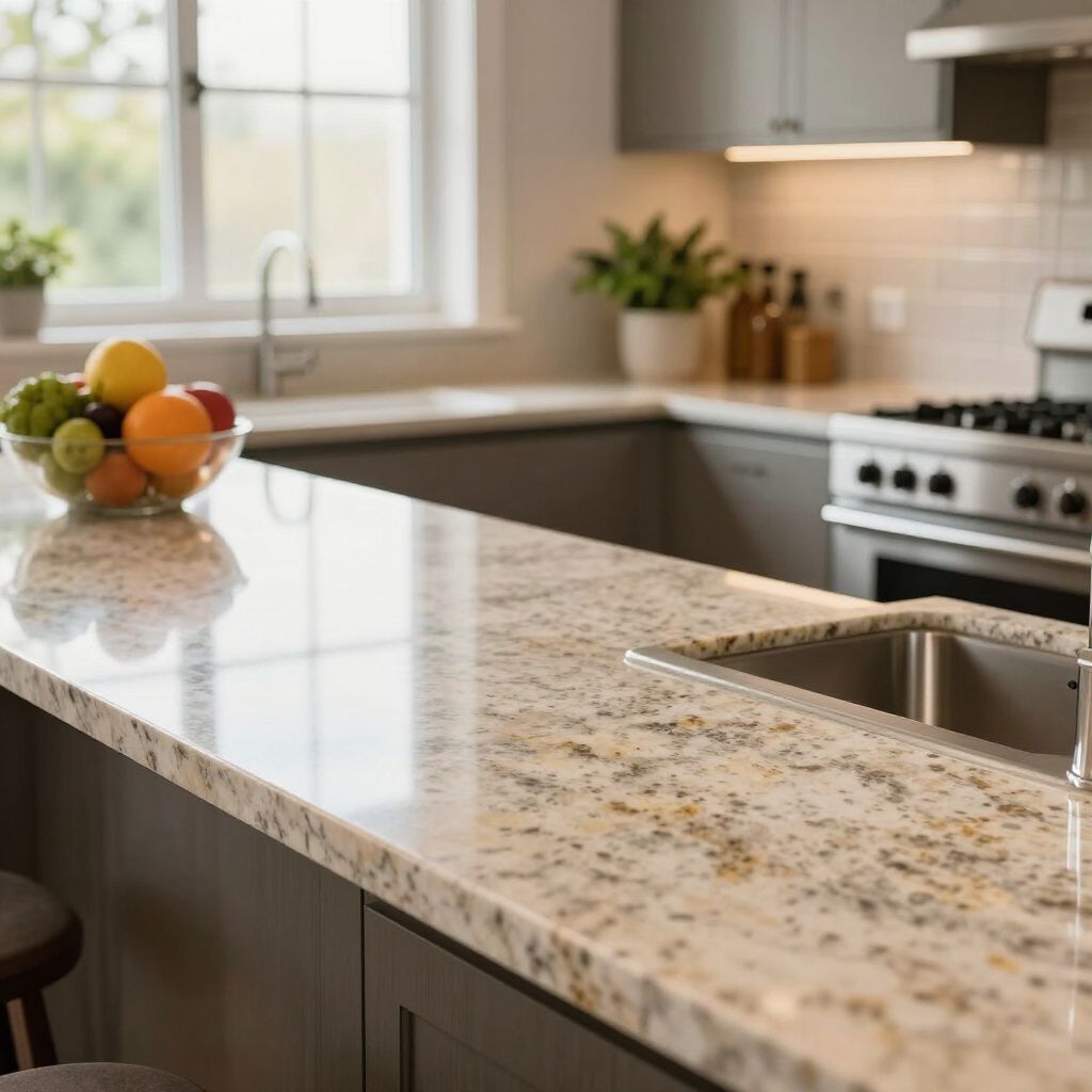 Kitchen counter with fruit bowl, sink, and gas stove. Granite countertop, grey cabinets, and window.