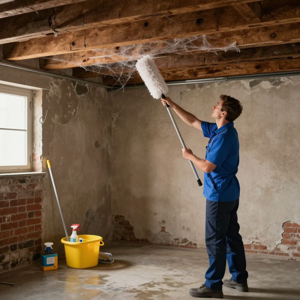 Person dusting cobwebs from a wooden ceiling in a room with a concrete floor; cleaning supplies nearby.