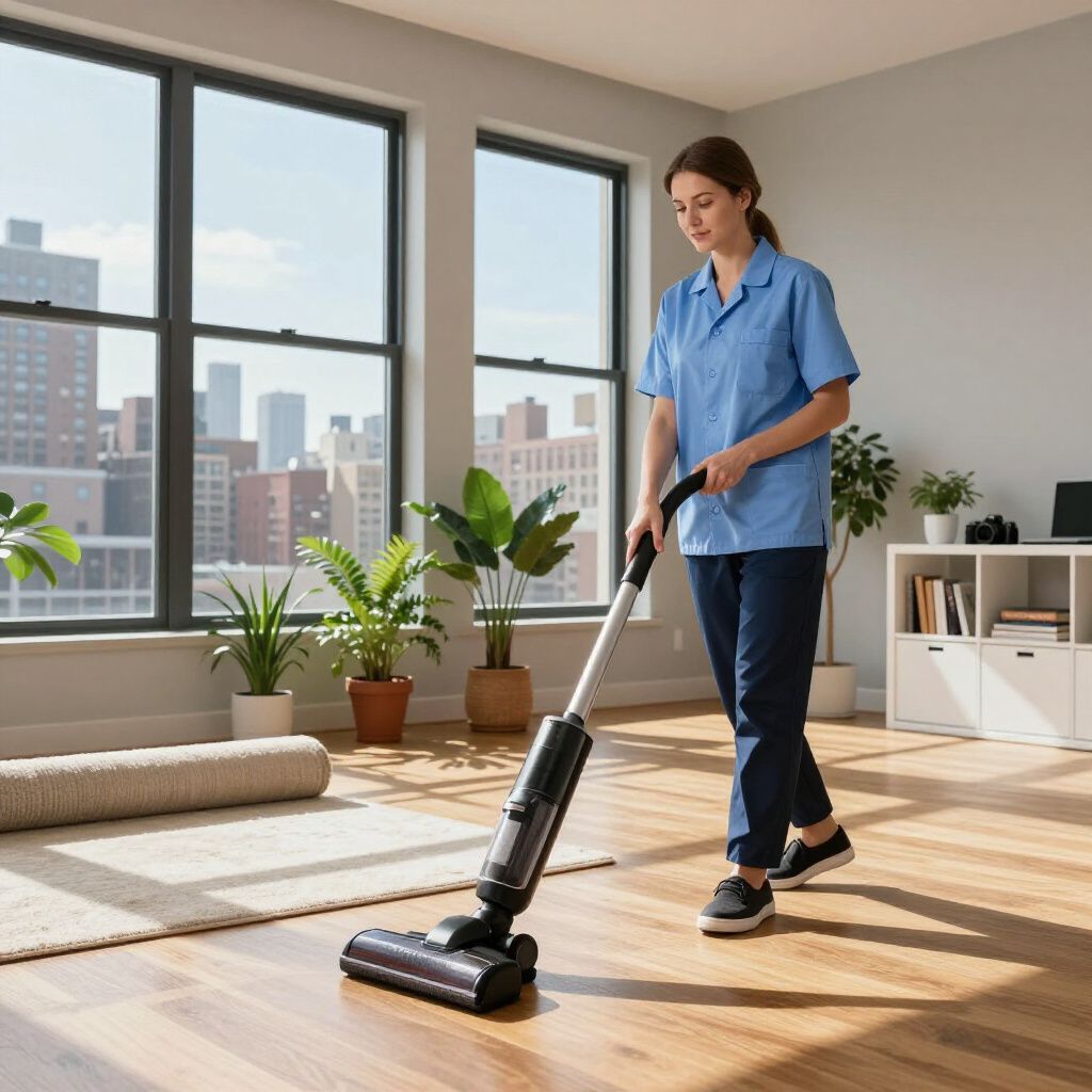 Woman in blue uniform vacuums hardwood floor in a well-lit room with city view.