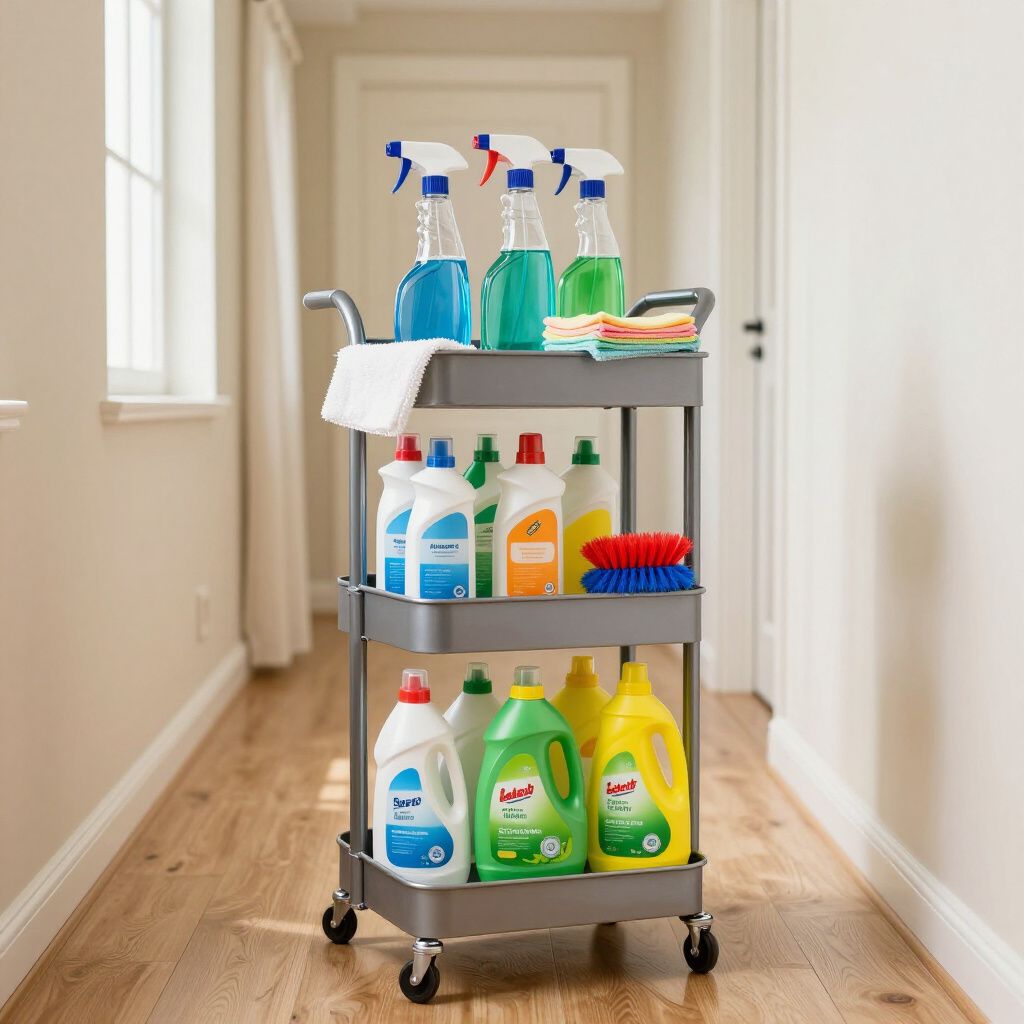 Cleaning supplies on a gray rolling cart in a hallway with hardwood floors.