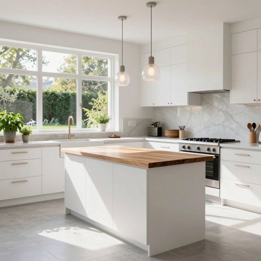 Bright white modern kitchen with island, wooden countertop, large window, and light fixtures.