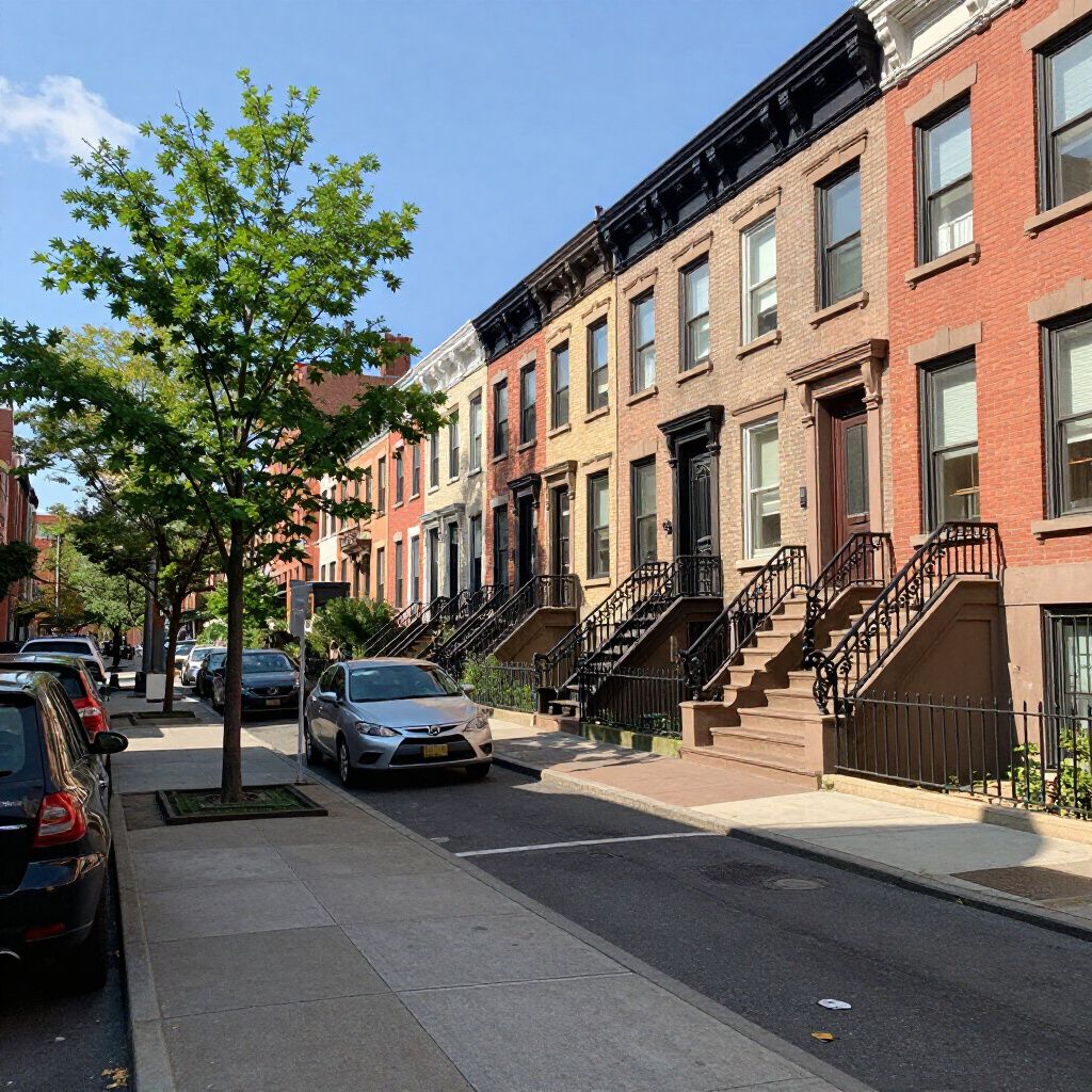 Row of brownstone buildings on a city street with parked cars and a tree.