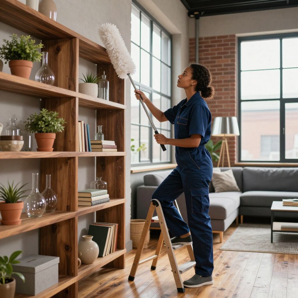 Person dusting bookshelves with a duster. Standing on a stepladder in a living room.