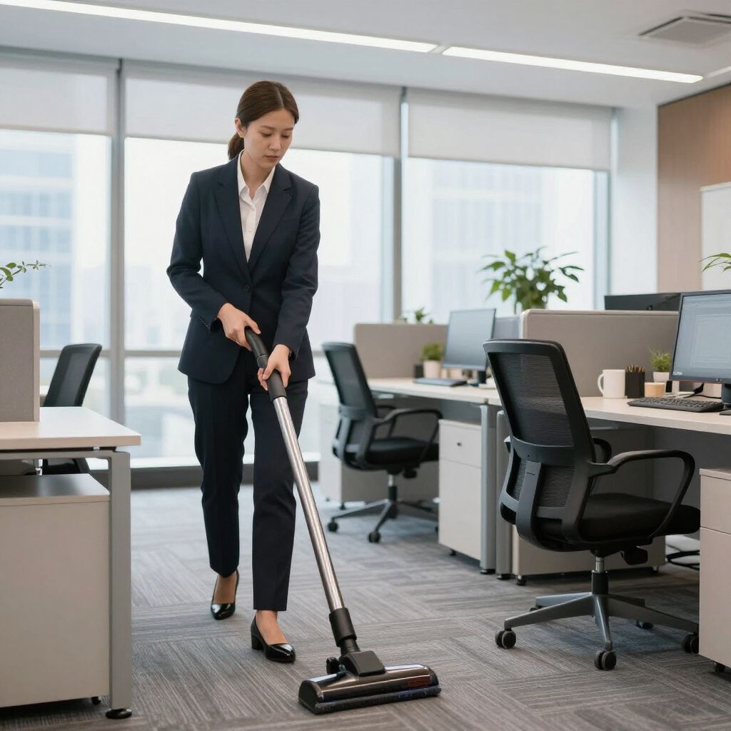 Woman in business suit vacuums office carpet. Cubicles, desks, chairs, and windows are visible.